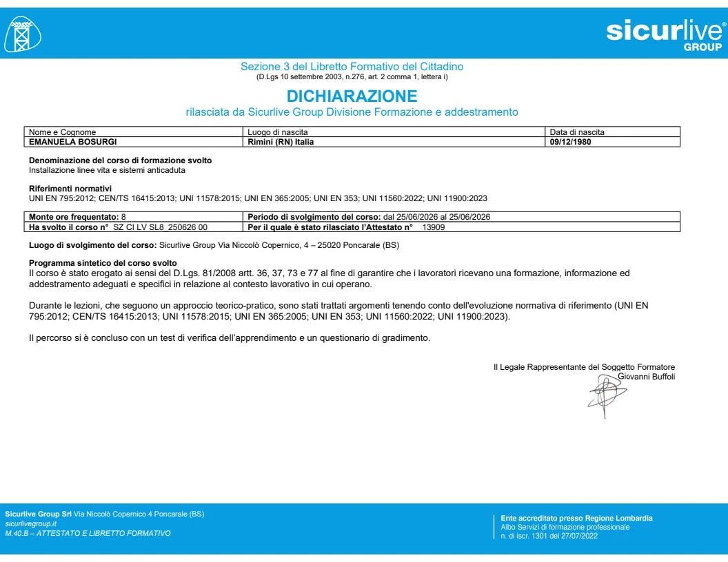 Certificazioni per installazione Linee Vita del tecnico Bosurghi Emanuela